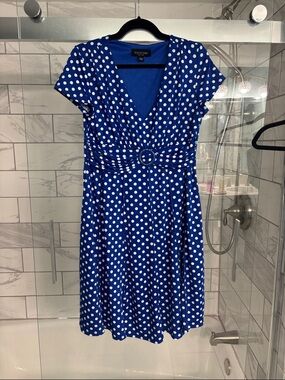 Perceptions Royal Blue White Polka Dot Belted Midi Dress
